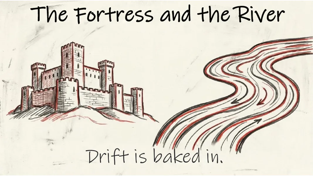 The fortress and the river. A castle beside a wide braided river.