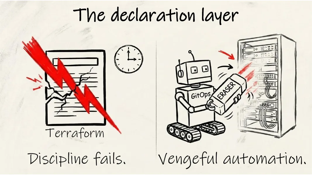 The declaration layer. A cracked document with a clock, and a GitOps robot erasing a server rack.
