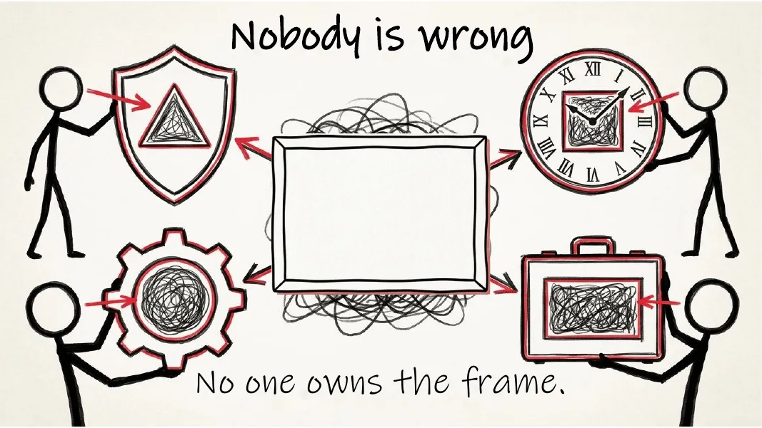 Nobody is wrong. An empty frame with a tangle behind it, and four figures each holding a small piece of the same tangle.