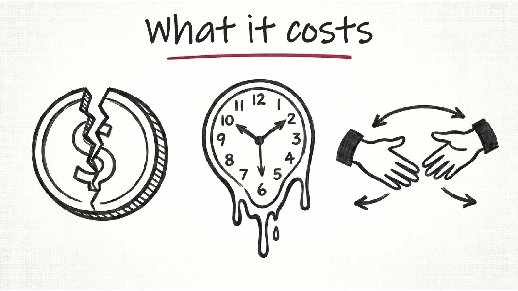 What it costs. A cracked coin, a melting clock, and two hands pulled apart.